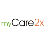Auf dem Bild ist das Logo von myCare2x Netzwerk zu sehen. Es ist in grüner, schwarzer und orangener Schrift.
