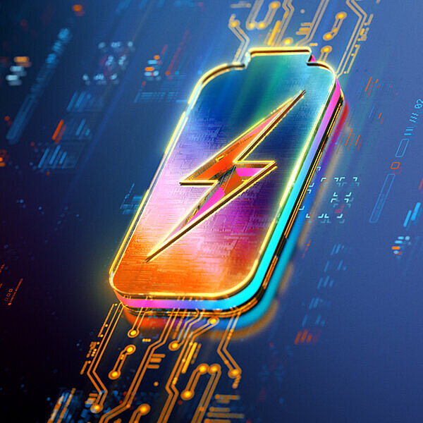 Das Bild zeigt ein bunt leuchtendes Batteriesymbol mit Blitzzeichen auf digitalem Hintergrund.
