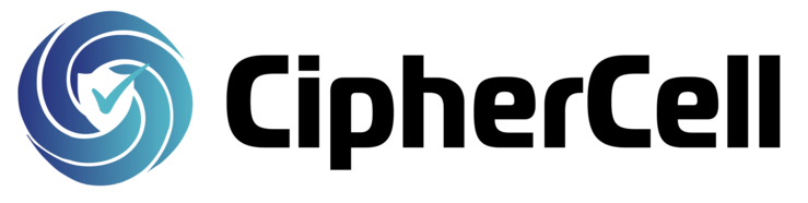 The Log of CipherCell, showing a spiral with a checkmark in de middle and the written name on the right side.