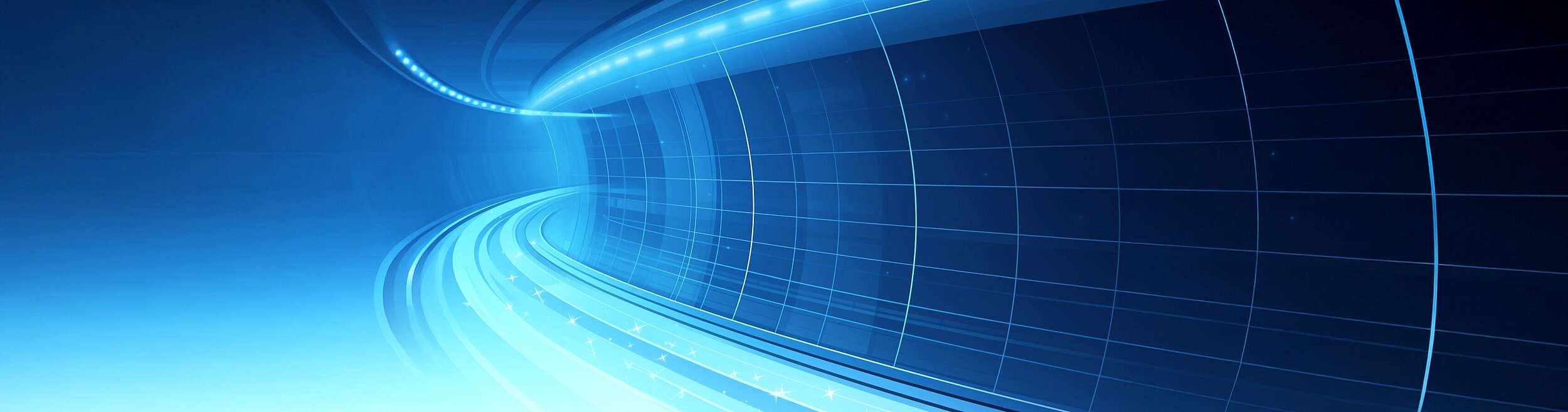 Abstrakte, blaue Grafik mit geschwungenen Linien und leuchtenden Lichtspuren, die Dynamik und Technologie symbolisieren.