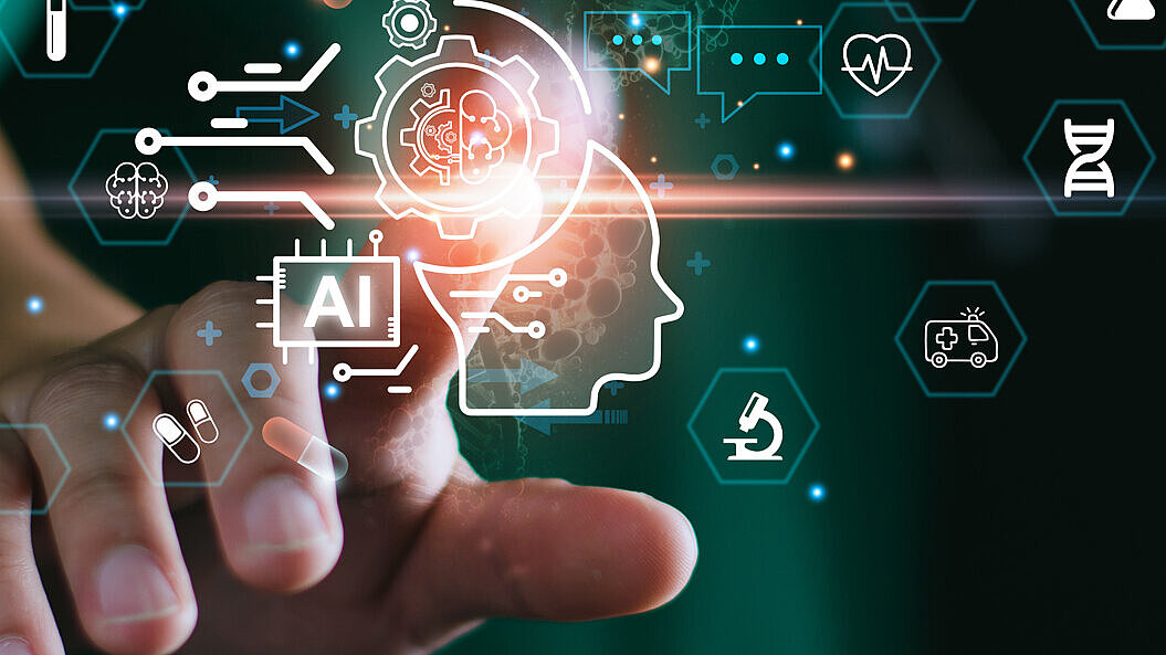 Collage einer Hand, deren Zeigefinger auf verschiedene virtuelle Symbole drückt