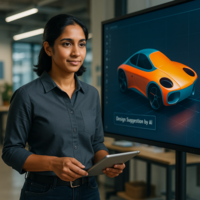 Eine Frau in Businesskleidung präsentiert ein Modell von Künstlicher Intelligenz.