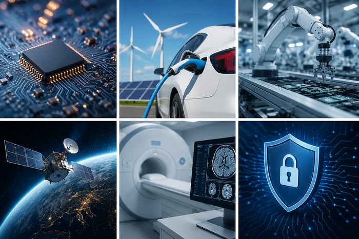 Collage mit sechs Anwendungsfeldern der Mikroelektronik: Chiptechnologie, Elektromobilität, Automatisierung, Raumfahrt, Medizintechnik und Cybersicherheit.