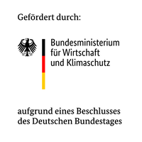 Schwarzer Bundesadler neben senkrechtem Balken in den Farben Schwarz, Rot und Gelb sowie Text 'Gefördert durch: Bundesministerium für Wirtschaft und Klimaschutz aufgrund eines Beschlusses des Deutschen Bundestages