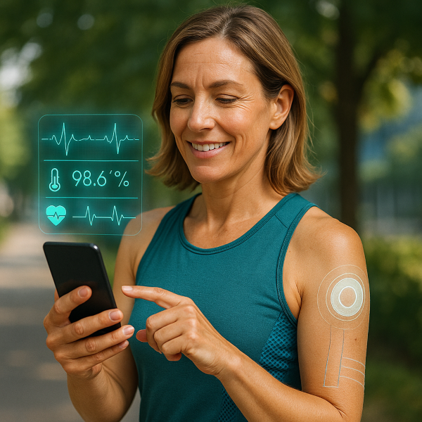 Eine Frau hält ihr Smartphone hoch, auf dem Gesundheitsdaten angezeigt werden.