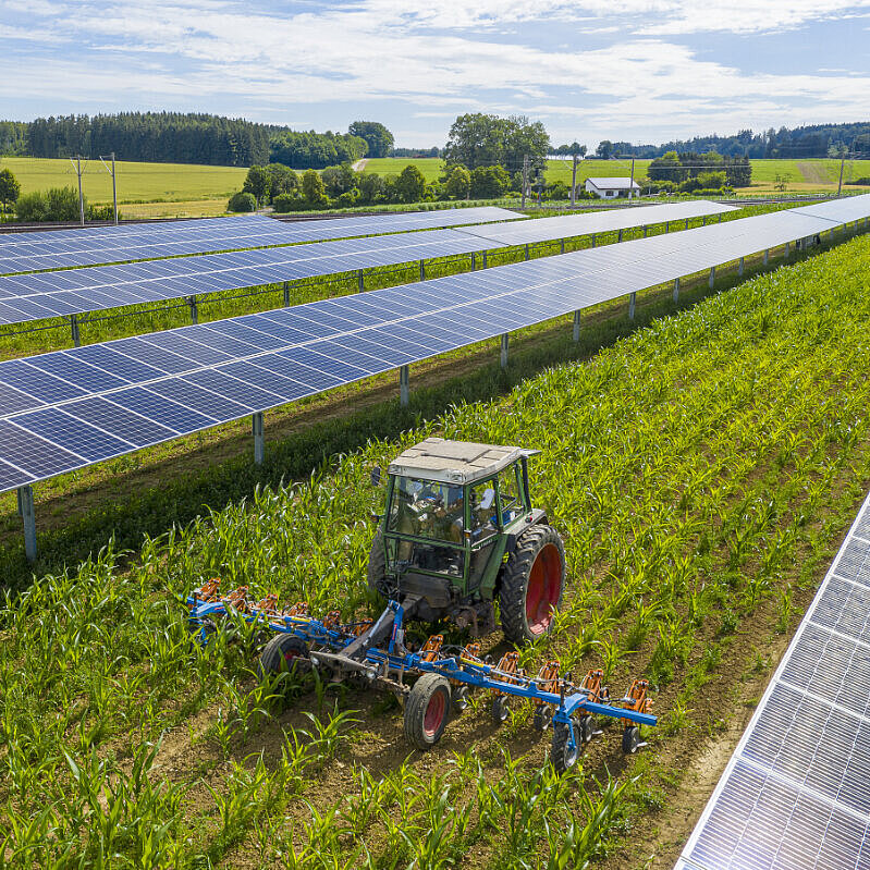 Traktor der auf einem Fels zwischen Solaranlagen arbeitet