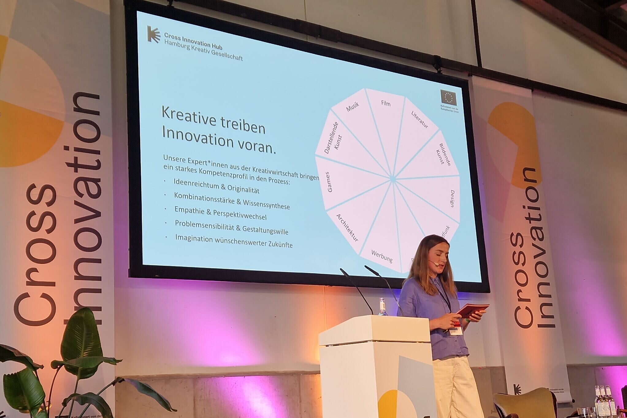 Auf der Bühne des Cross-Innovation-Day ist eine weibliche Person als Speaker zu sehen. Sie steht vor einer Folie, die den Inhalt des Vortrags abbildet und hält ein Mikrofon in der Hand. Die Bühne ist dezent in lilafarbenes Licht gehüllt. Die Atmosphäre wirkt sehr warm und angenehm. 