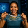 Eine Frau trägt ein flexibles, dehnbares elektronisches Material.