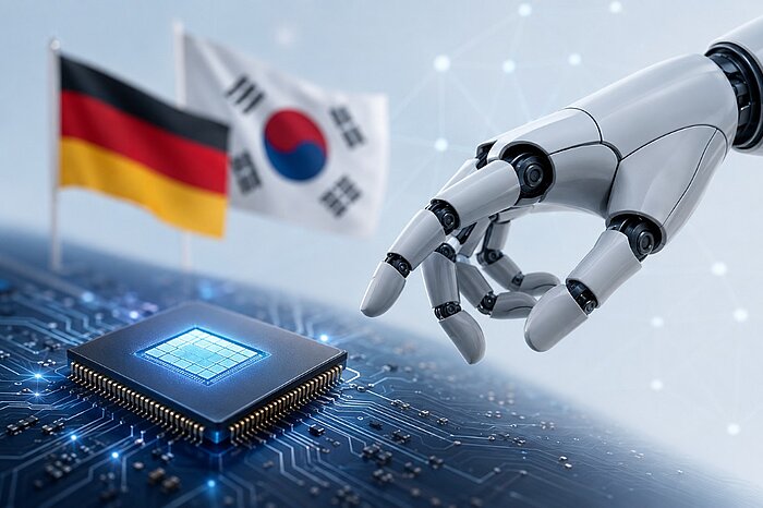 Symbolbild: eine Roboterhand greift nach einem Computer-Chip. Im Hintergrund die Flaggen von Deutschland und Südkorea., KI-generiert