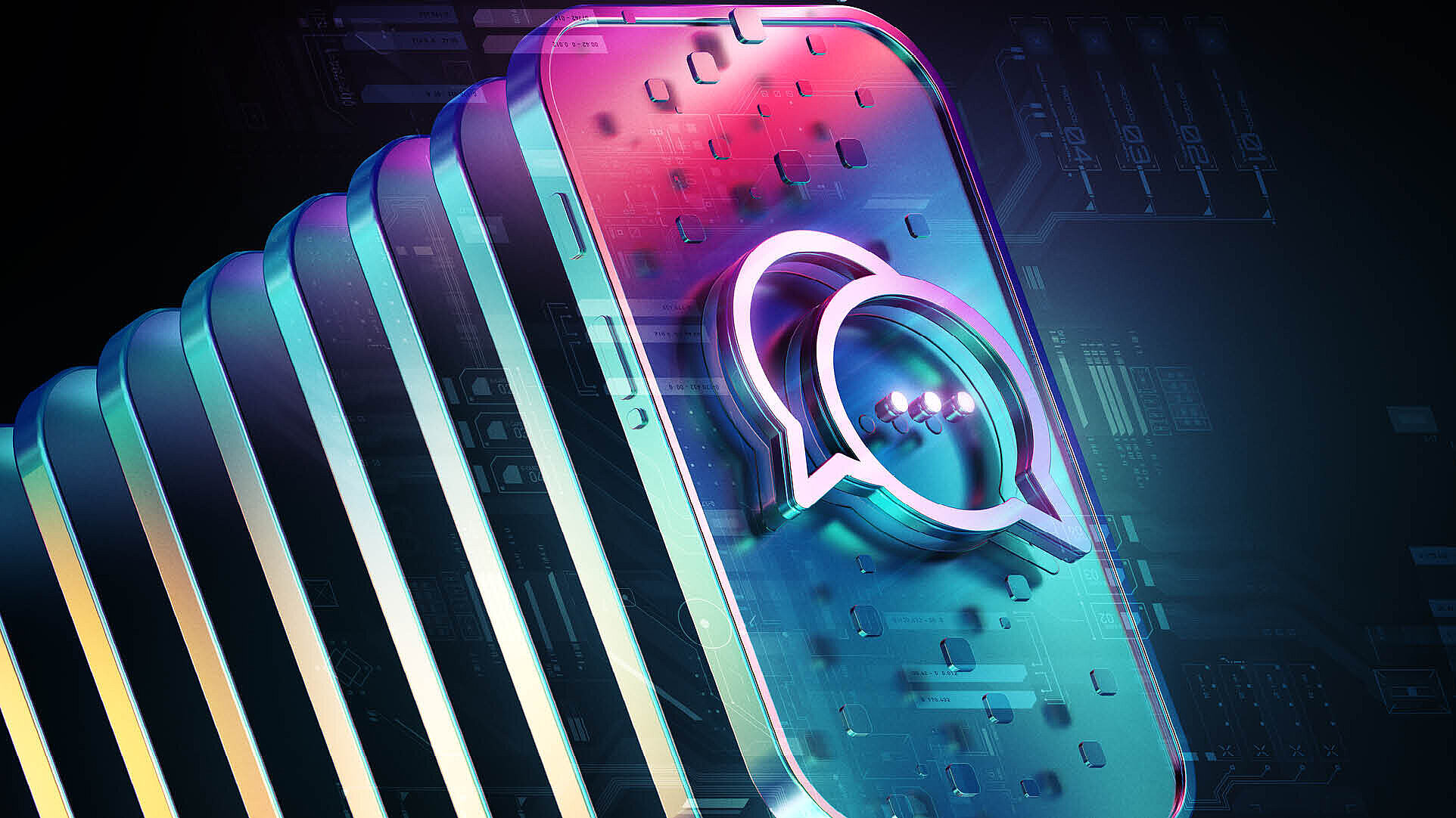 Eine Reihe von Smartphones, auf dessen Obersten Sprechblasen und ein Rot-Blau-Kontrast zu sehen sind.