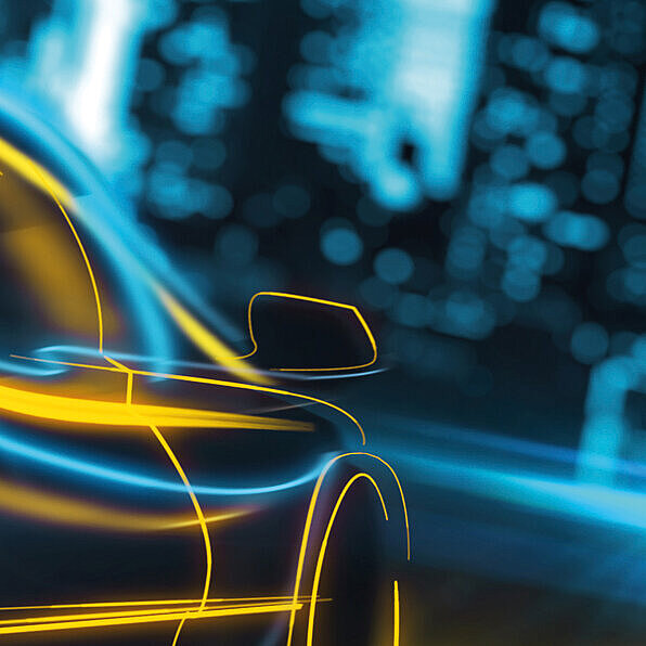 Illustration eines Autos, das in einer nächtlichen Kulissen in der Stadt fährt