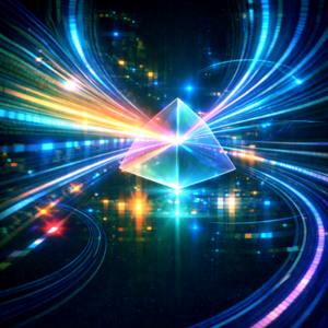 Leuchtendes, geometrisches Objekt mit farbigen Lichtstrahlen in Bewegung