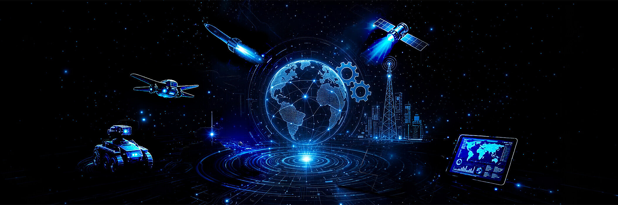 Drohne, Rakete, Roboter, Satellit und Dashboard vor schwarzem hintergrund um einen Globus., AI-generated