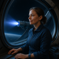 Eine Frau präsentiert ein Modell eines Ionenantriebs im Labor.