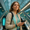Eine Frau präsentiert eine moderne Batterie der nächsten Generation.