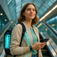 Eine Frau präsentiert eine moderne Batterie der nächsten Generation.