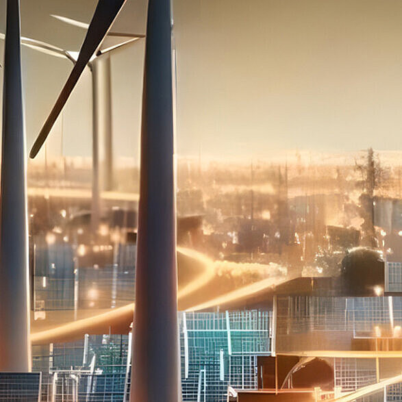 eine fiktive Landschaft mit Photovoltaikmodulen und Energiebahnen