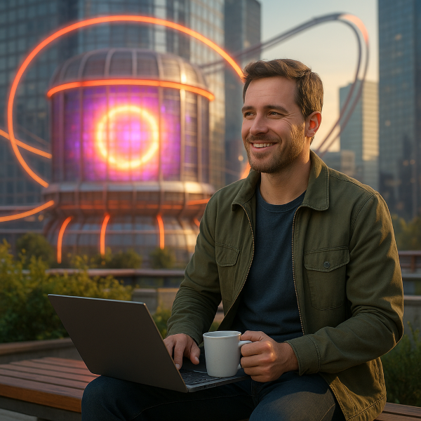 Ein Mann trinkt Kaffee, während im Hintergrund ein leuchtender Kernreaktor dargestellt ist.