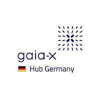 Logo mit dem Schriftzug 'gaia-x', einem stilisierten Muster aus Punkten und Strichen sowie der deutschen Flagge und dem Text 'Hub Germany'