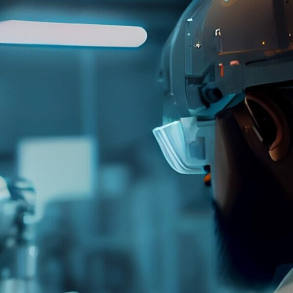 Ingenieur mit Schutzhelm betrachtet auf einem Tablet ein digitales 3D-Modell einer Maschine.