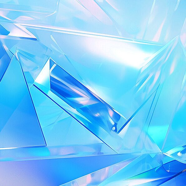 Hintergrund in Blau, übersät mit vielen blauen Glasteilen, die ein dynamisches Muster bilden.