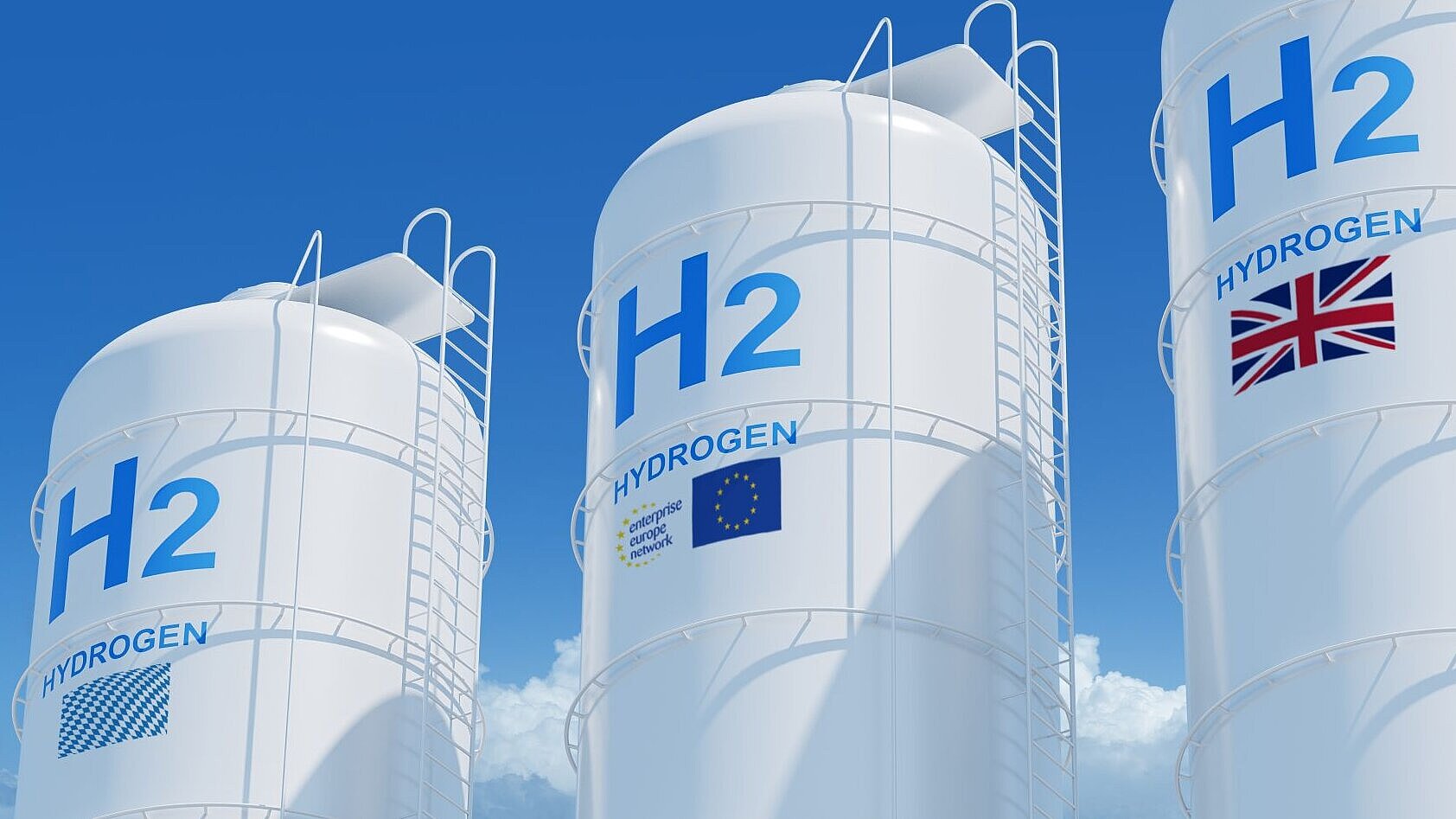 3 weiße Tanks mit den Flaggen von Bayern, Enterprise Europe Network und Großbritannien