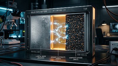 Grafische Darstellung einer Festkörperbatterie mit Querschnitt durch Anode, Elektrolyt und Kathode in einer Laborumgebung.