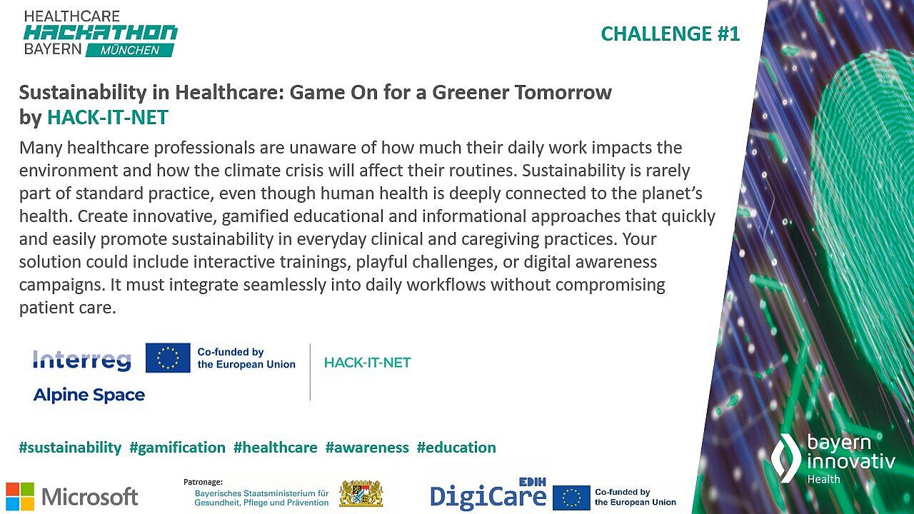 Das Bild zeigt die Challenge #1 des Healthcare Hackathon Bayern mit dem Titel: „Sustainability in Healthcare: Game On for a Greener Tomorrow“.  Gesucht werden gamifizierte Lösungen, die Nachhaltigkeit im Gesundheitswesen fördern, ohne die Patientenversorgung zu beeinträchtigen.  Unten sind Logos von Partnern wie der EU, Microsoft und Bayern Innovativ sowie relevante Hashtags abgebildet.