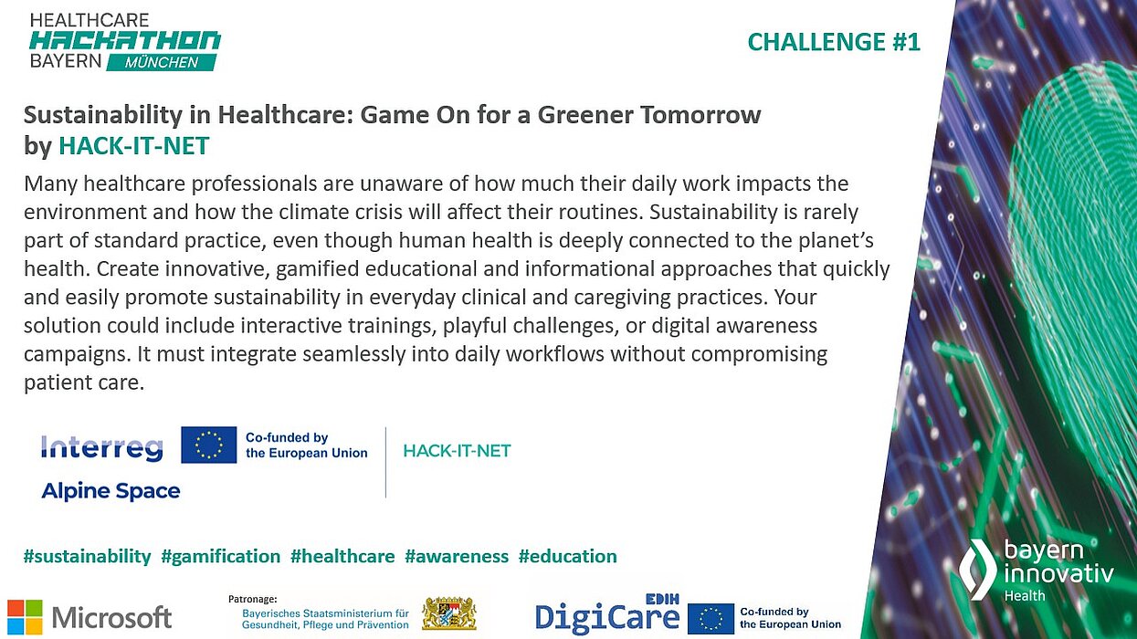 Das Bild zeigt die Challenge #1 des Healthcare Hackathon Bayern mit dem Titel: „Sustainability in Healthcare: Game On for a Greener Tomorrow“.  Gesucht werden gamifizierte Lösungen, die Nachhaltigkeit im Gesundheitswesen fördern, ohne die Patientenversorgung zu beeinträchtigen.  Unten sind Logos von Partnern wie der EU, Microsoft und Bayern Innovativ sowie relevante Hashtags abgebildet.