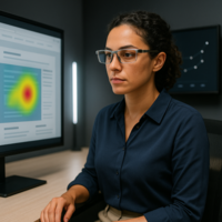 Eine Frau verfolgt mit den Augen ein Muster auf dem Bildschirm – Eye-Tracking-Technologie.