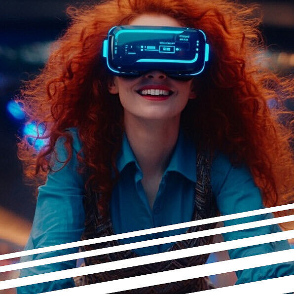 Rothaarige Frau die eine VR-Brille trägt und dabei lacht.