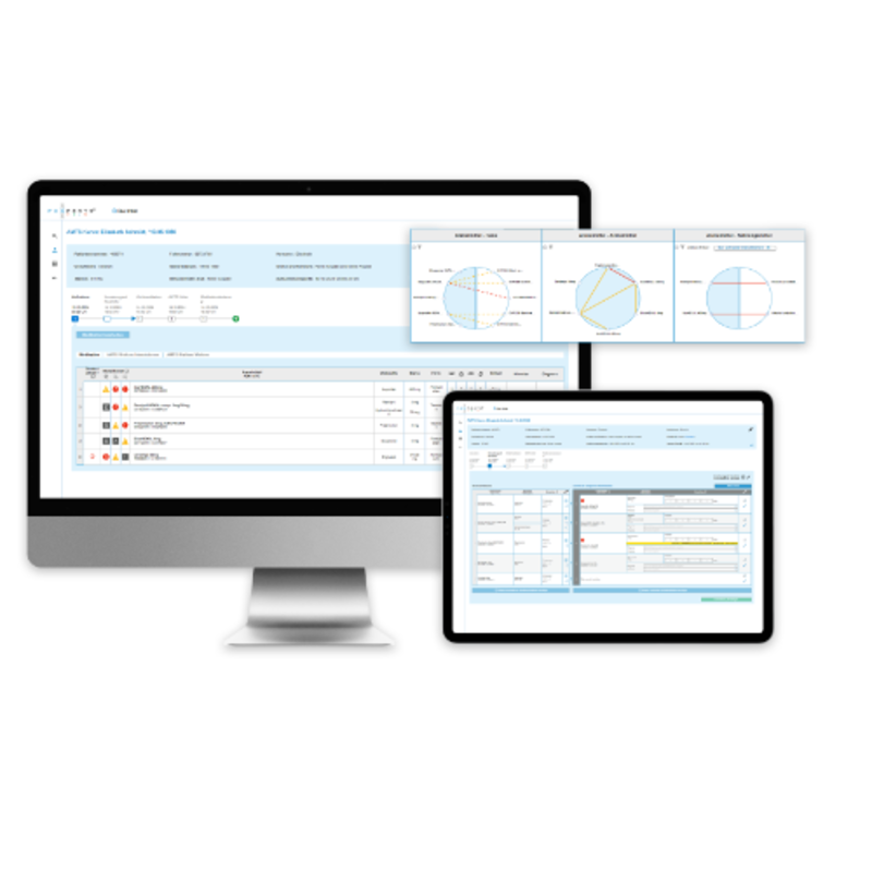 Auf dem Bild ist eine Grafik eines Bildschirms zu sehen. Davor sind die vergrößerten Grafiken des Bildschirms zu sehen. Es handelt sich vermutlich um verschiedene Auswertungen und Diagrammen.