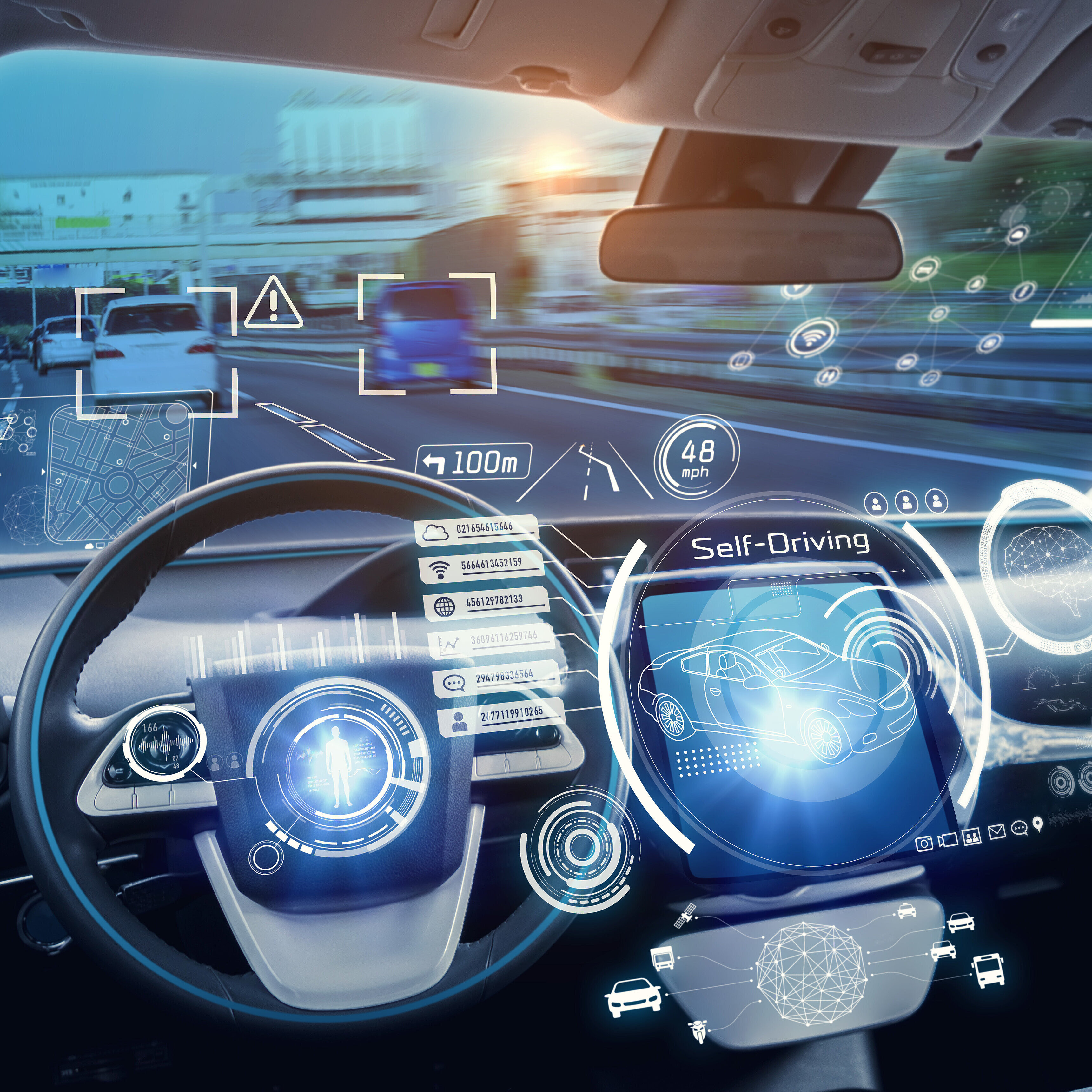 Fahrzeuginnenansicht mit digitalen Anzeigen und Sensor-Overlays zum autonomen Fahren