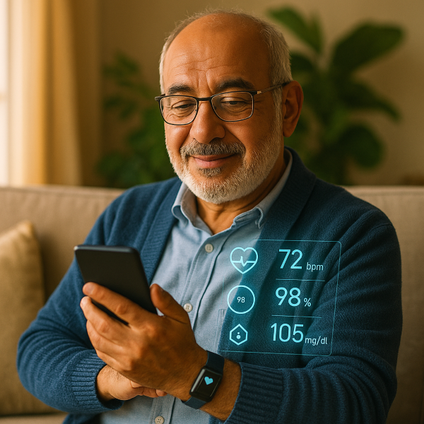 Ein älterer Mann hält ein Tablet mit leuchtenden Gesundheitsdaten.