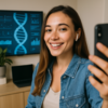 Eine Frau nutzt ihr Smartphone für personalisierte Gesundheitsdiagnostik.