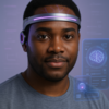 Ein junger Mann trägt ein Stirnband mit Sensoren für eine Gehirn-Computer-Schnittstelle.