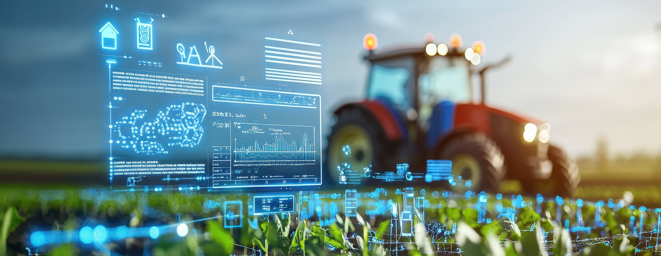 Traktor auf einem Feld mit einer digitalen Schaltzentrale