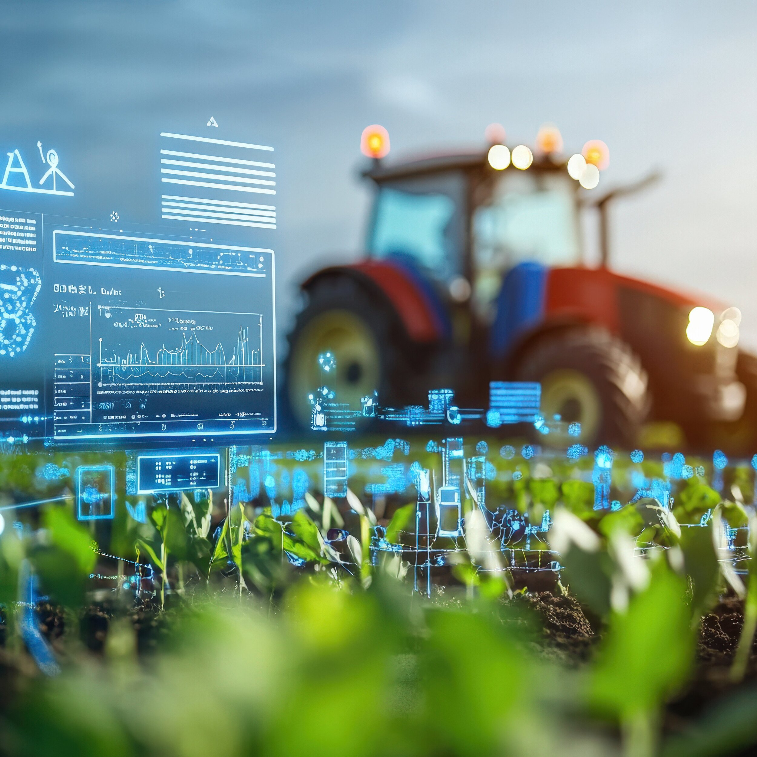 Traktor auf einem Feld mit einer digitalen Schaltzentrale