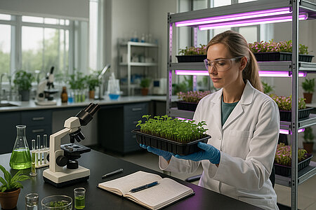 Eine Frau im Laborkittel hält einen Behälter mit jungen Pflanze in der Hand.
