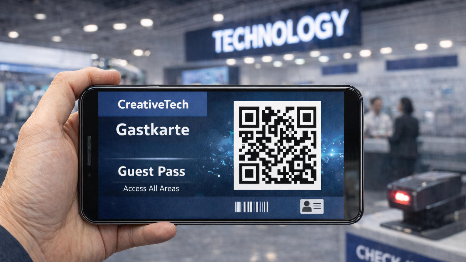 Eine Hand hält ein Smartphone im Querformat. Auf dem Screen ist ein QR-Code abgebildet mit CreativeTech Gastkarte