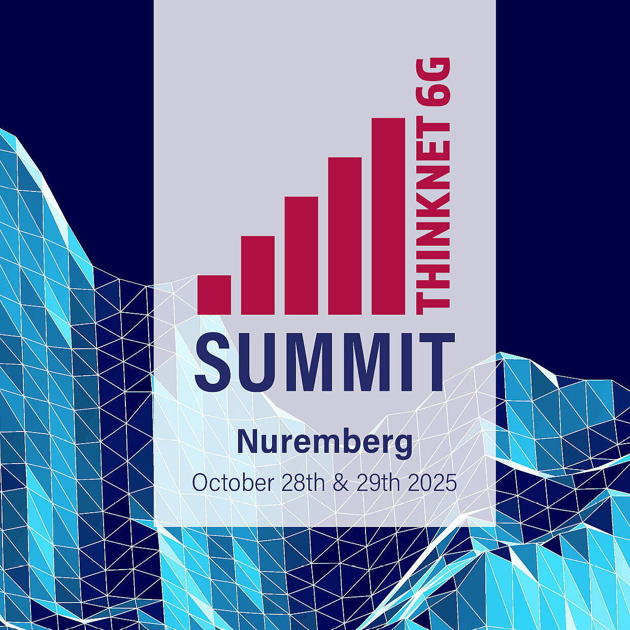 The Thinknet 6G Summit logo, looking like the networksymbol, in front of Mountains made from networking lines.