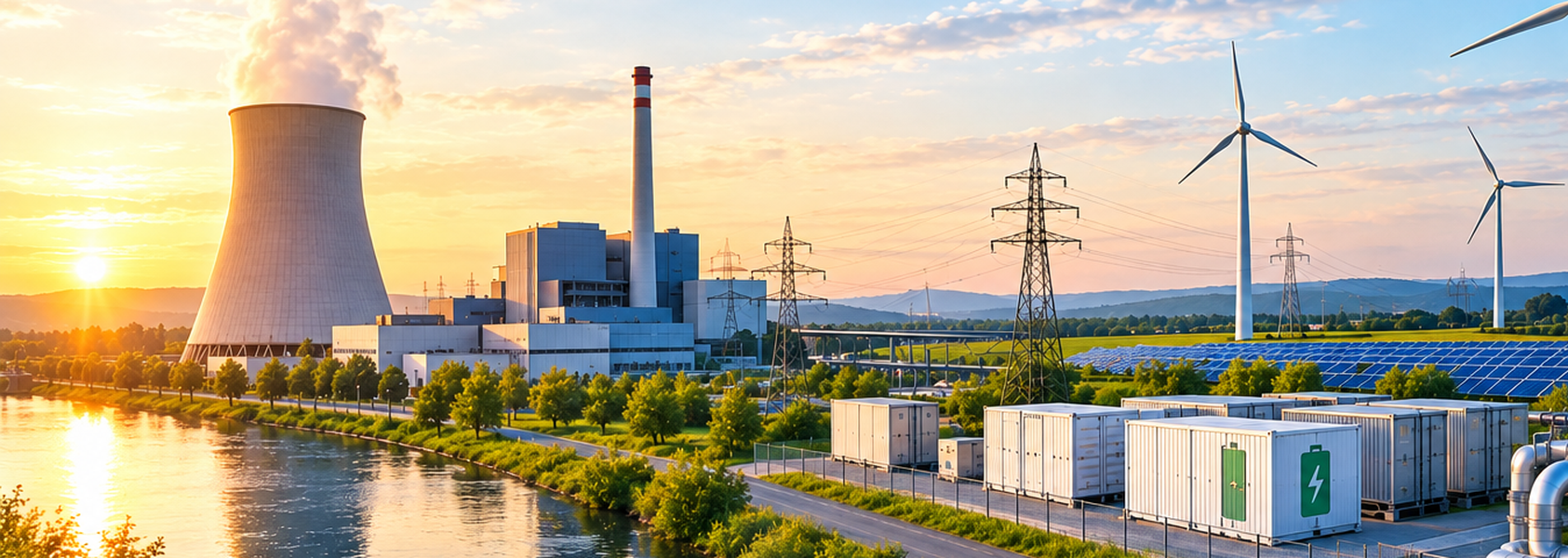 Das Bild zeigt einen modernen Kraftwerksstandort, der traditionelle Energieerzeugung mit erneuerbaren Energien verbindet. Windkraftanlagen, Solarfelder, Energiespeicher und Stromnetze verdeutlichen die neuen Möglichkeiten zur nachhaltigen Nutzung bestehender Kraftwerksstandorte und zur Weiterentwicklung der Energieinfrastruktur., KI-generiert