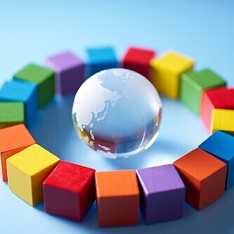 Glas-Weltkugel umgeben von bunten Steinen