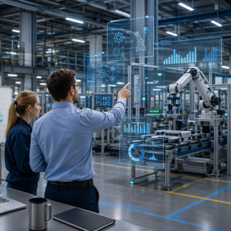 Mitarbeiter in einer futoristischen Produktionshalle