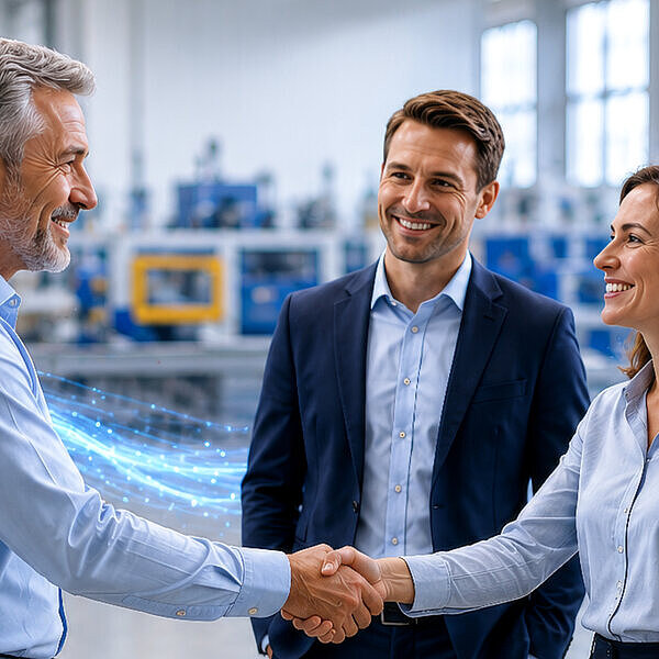 3 Menschen begegnen sich in einer Industriehalle, KI-generiert