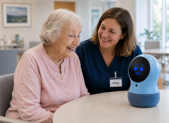 Ältere Frau und Pflegerin sitzen an einem Tisch und schauen lächelnd auf einen kleinen blauen Roboter mit digitalem Gesicht