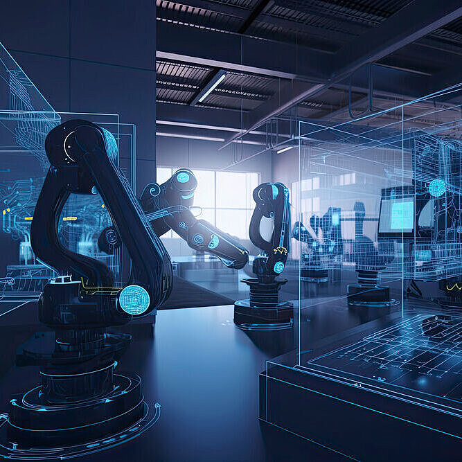 Roboterarme in futuristischer Fabrik