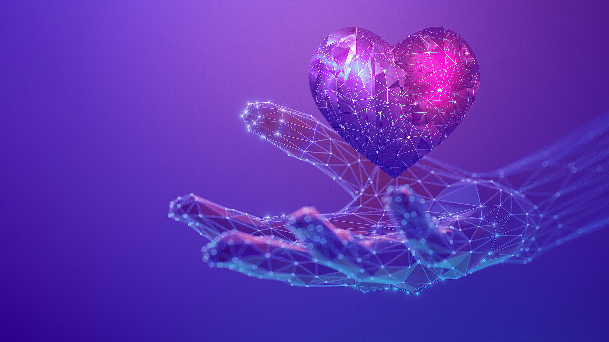 Digitale, aus vernetzten Linien und Punkten bestehende Hand, die ein leuchtendes, polygonales Herz hält