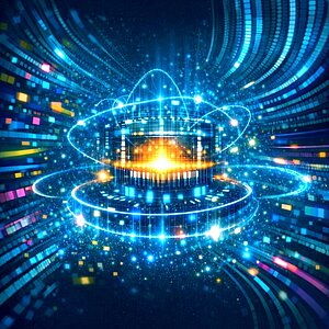 Darstellung eines leuchtenden Datenzentrums mit digitalen Lichtbahnen