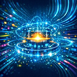 Darstellung eines leuchtenden Datenzentrums mit digitalen Lichtbahnen